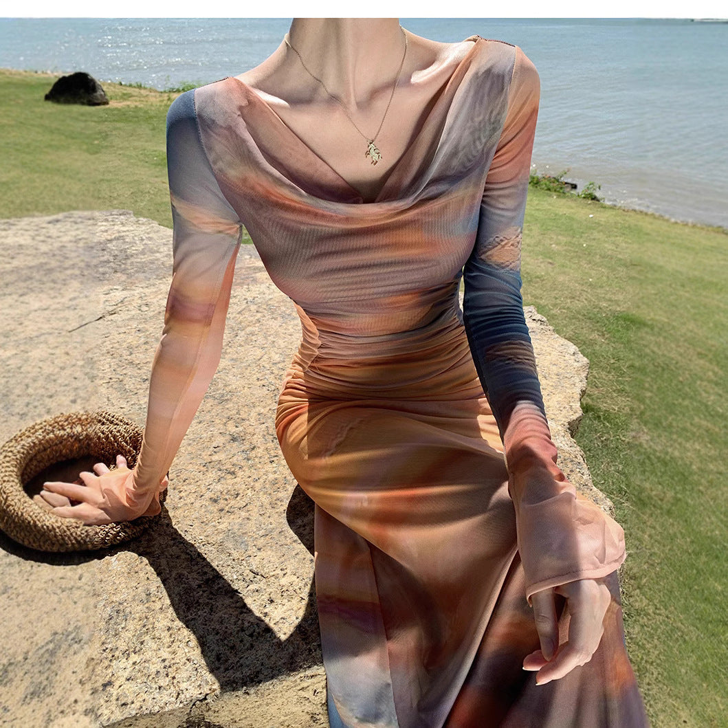 French Hot Girl Sunset Tie-dye Printing Swing Collar Mesh Dress