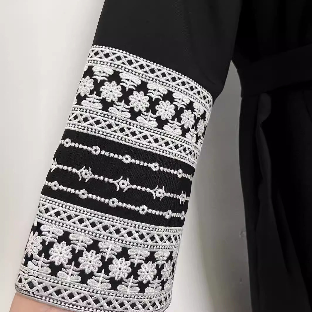New Solid Color Stitching Tied Cardigan Embroidery Dress