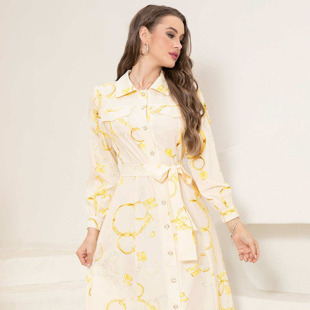Elegant Style Lapel Chain Pattern Printing Buttons Pocket Belt Shirt Sleeve Long Dresses