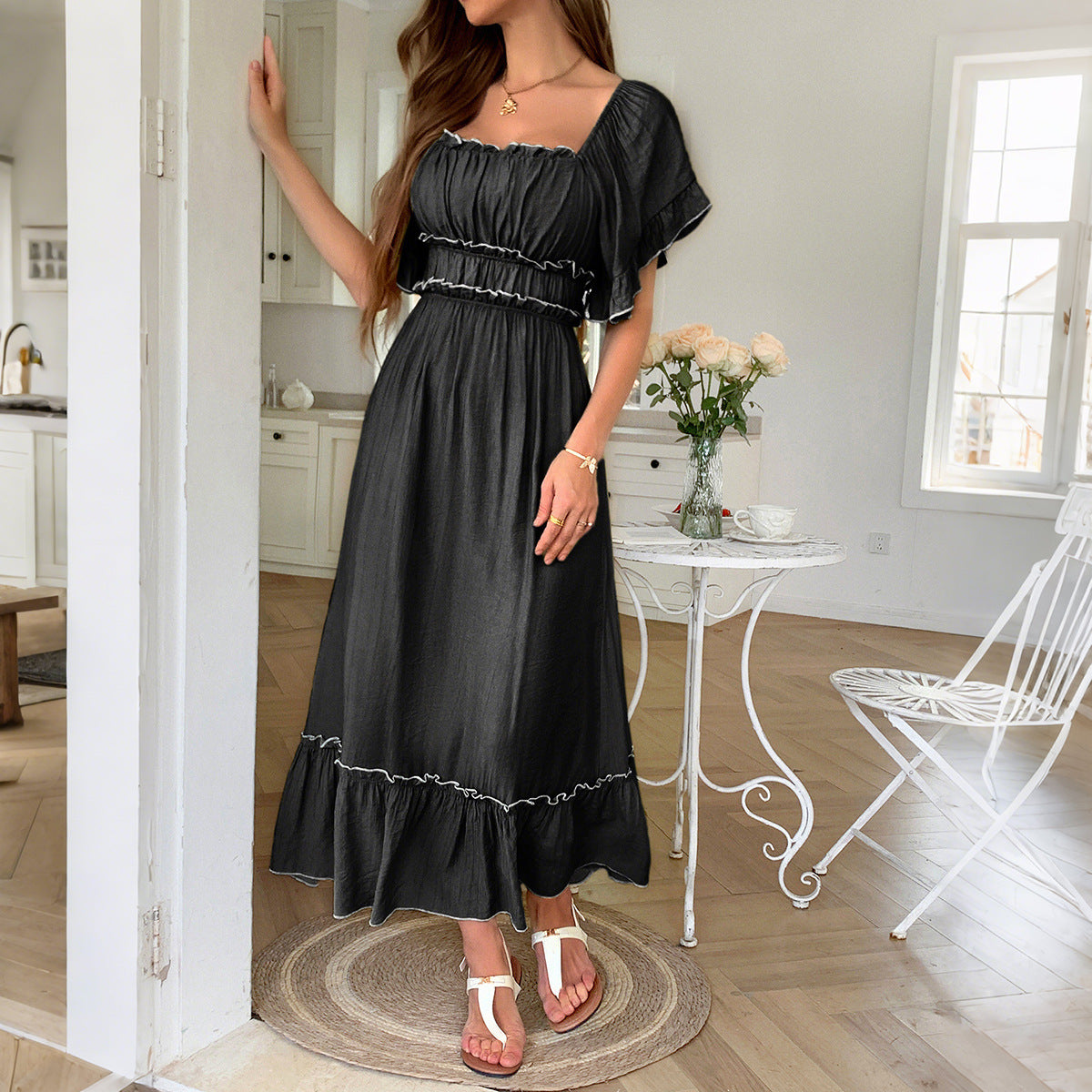 European And American Leisure Vacation Style Stringy Selvedge Short Sleeve Dress