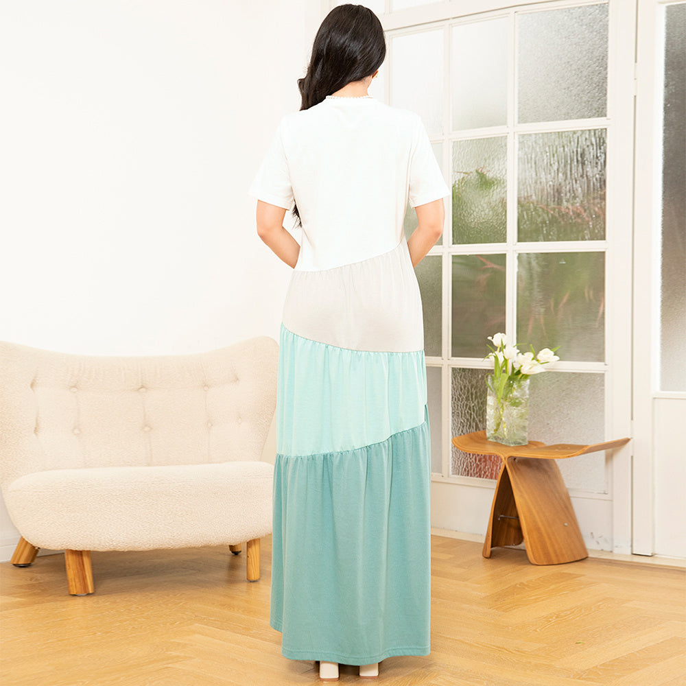 Sweet Round Neck Color Contrast Splicing Pattern Splicing Pocket Regular Sleeve Long Dresses