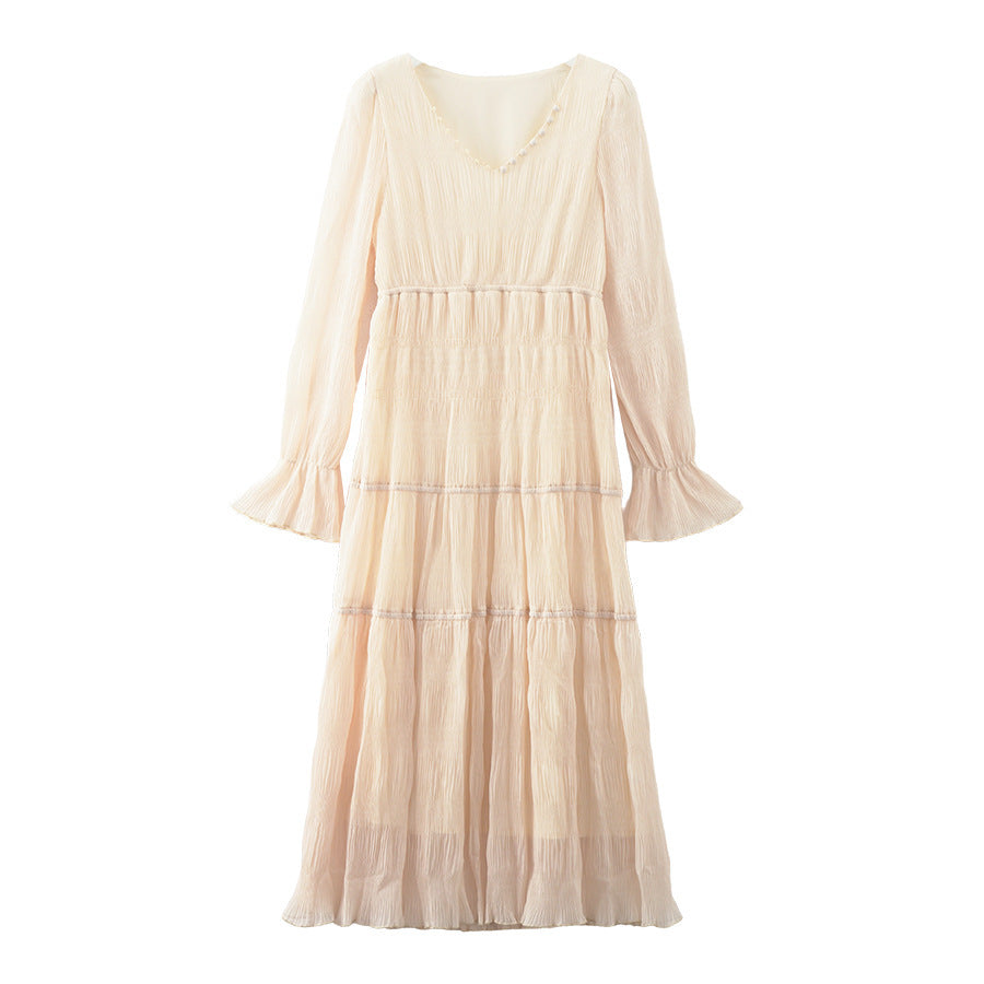 Yellow Silk Button Trim Collar Bell Sleeve Multi-layer Stitching Dress