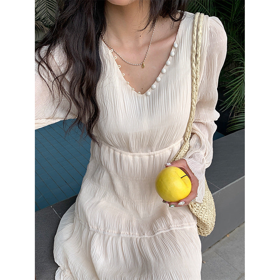 Yellow Silk Button Trim Collar Bell Sleeve Multi-layer Stitching Dress