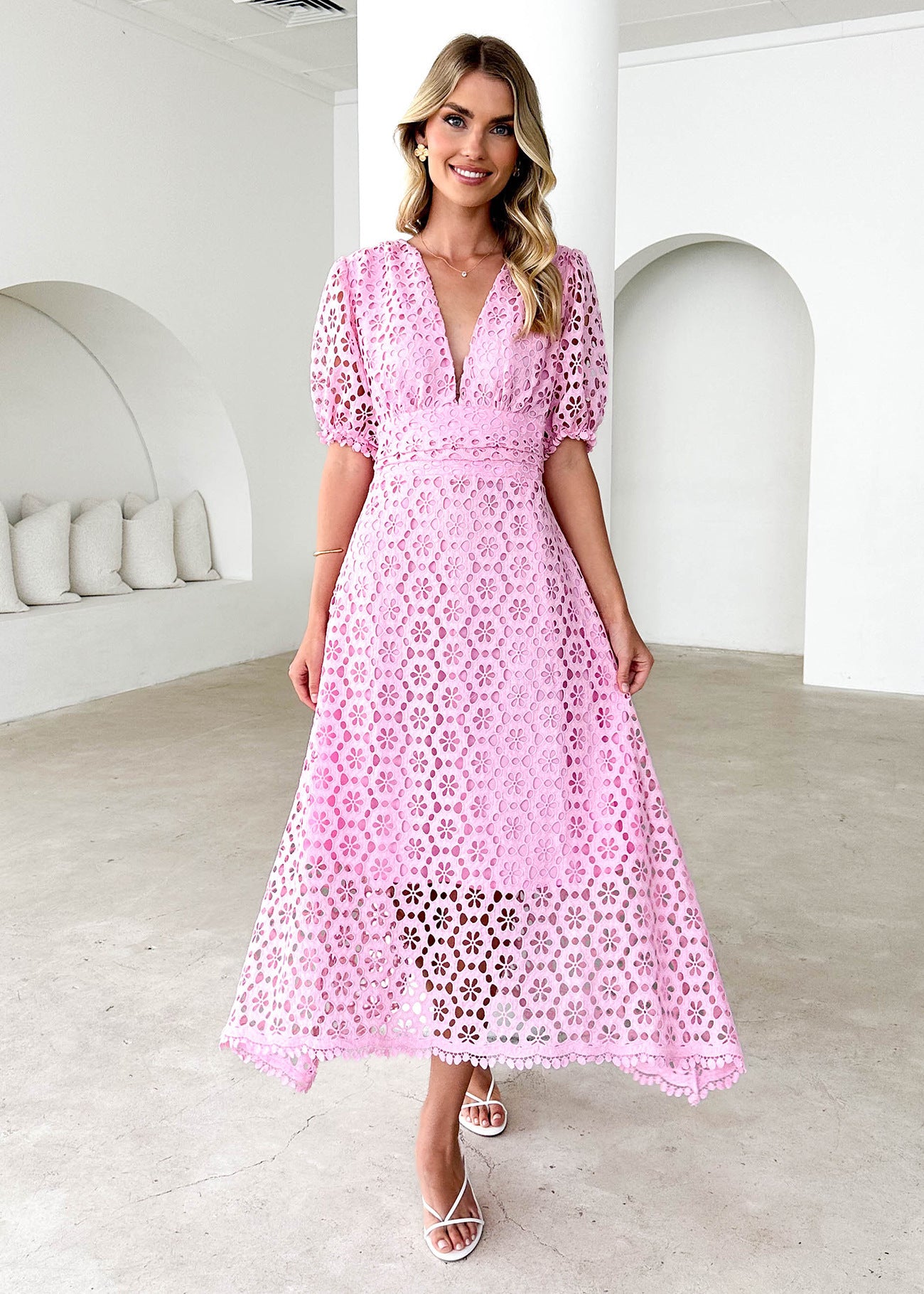 V-neck Sexy Waist Solid Color Lace Hollow Maxi Dress