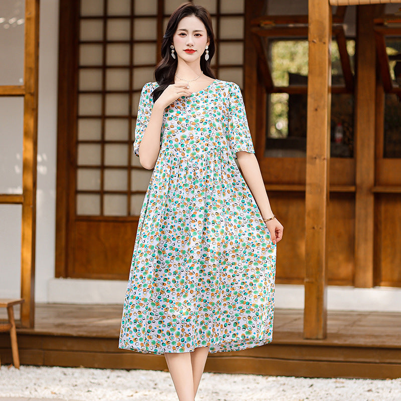 Cotton Silk Fashion Floral Loose Plus Size Outer Wear Dress