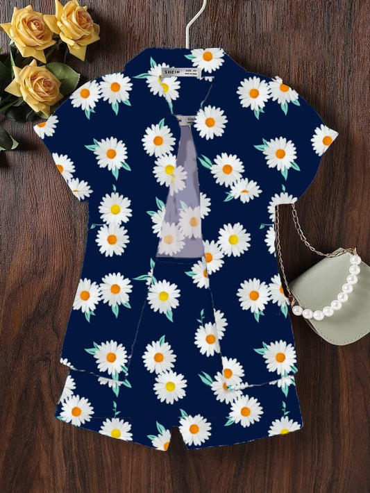 HALF SLEEVES DARK BLUE & WHITE FLORAL SUIT