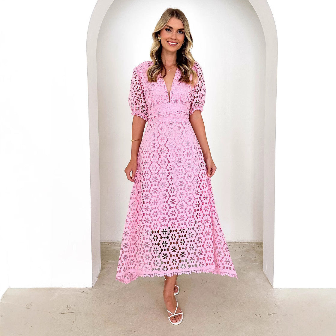 V-neck Sexy Waist Solid Color Lace Hollow Maxi Dress