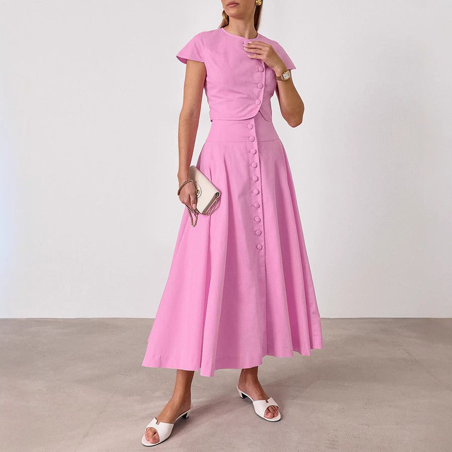 Cotton High Waist V-neck Dress Suit