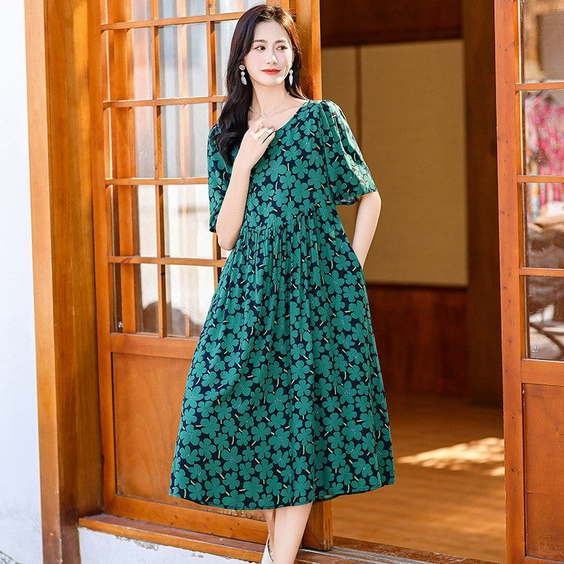 Cotton Silk Fashion Floral Loose Plus Size Outer Wear Dress
