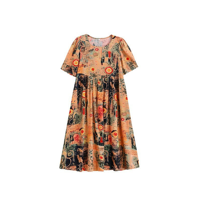 Cotton Silk Fashion Floral Loose Plus Size Outer Wear Dress