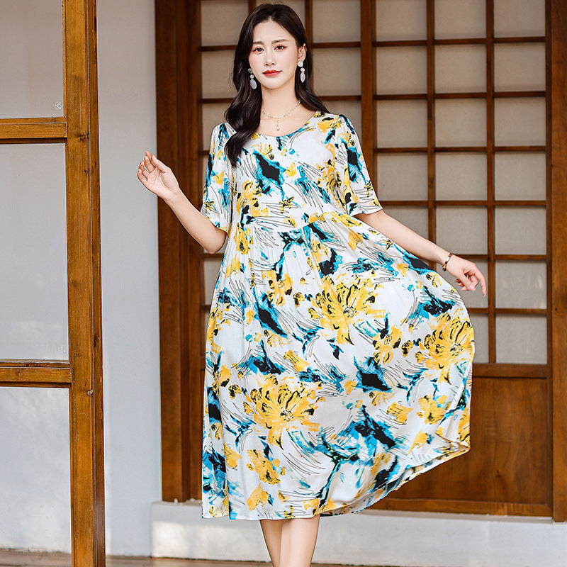 Cotton Silk Fashion Floral Loose Plus Size Outer Wear Dress