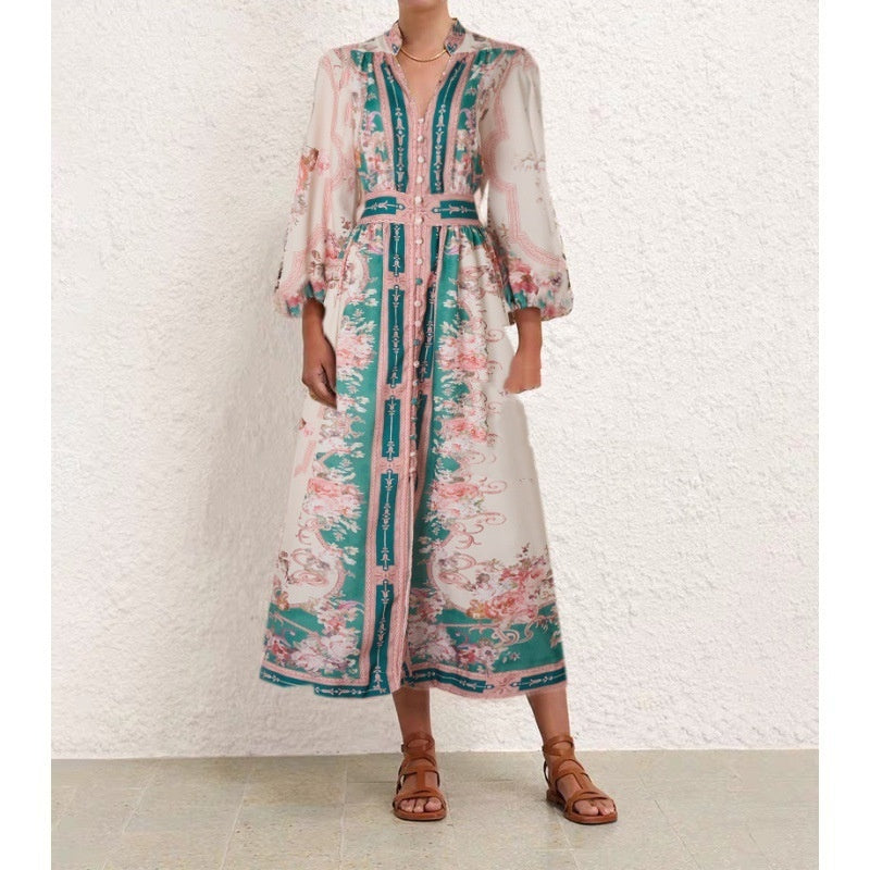 Stand Collar Positioning Printed Lantern Sleeve Dress