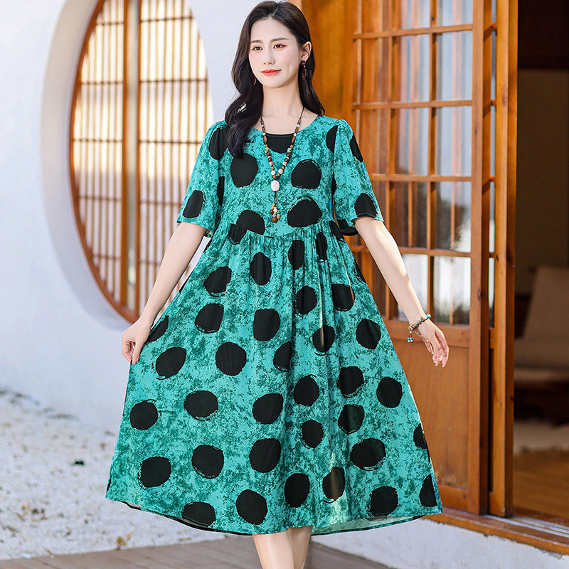 Cotton Silk Fashion Floral Loose Plus Size Outer Wear Dress