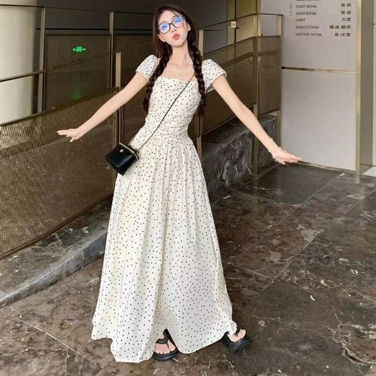 French Square Collar Polka Dot Flying Sleeve Dress