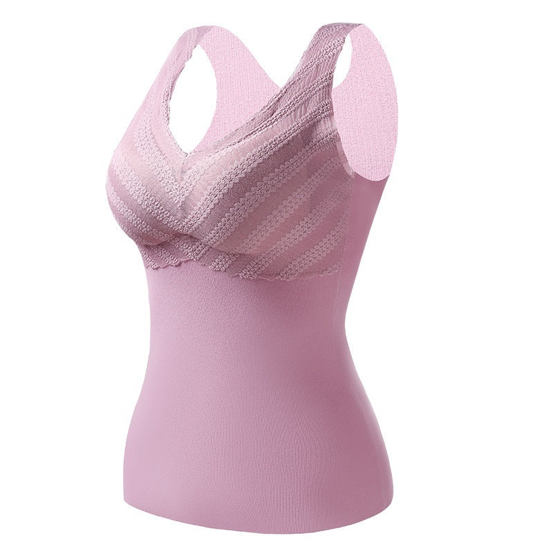 Women's Fashion Traceless Lace V-neck Warm Underwear With Chest Pad