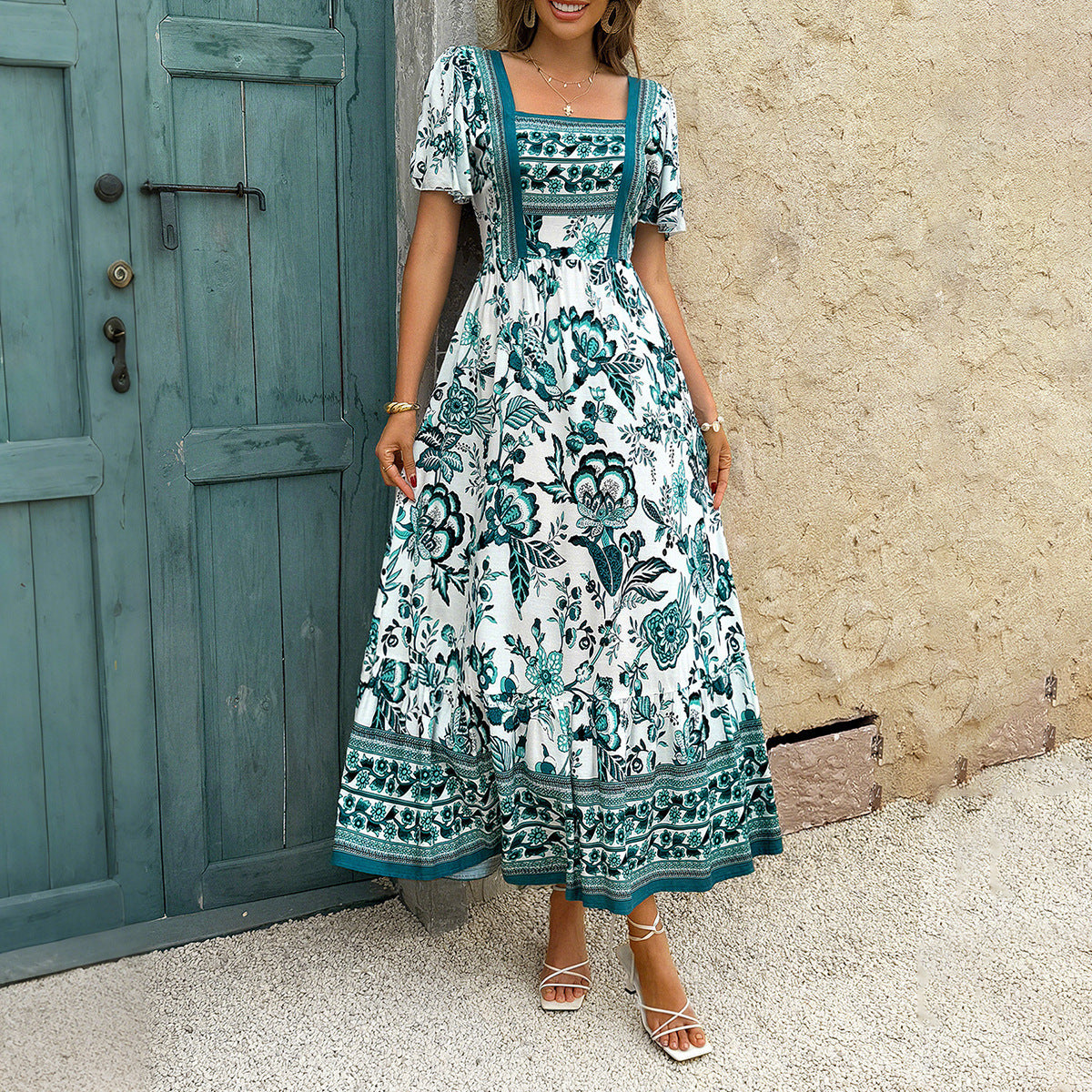 Holiday Floral Print A- Line Dress Women's Clothing