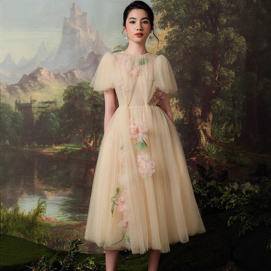 Designer Heavy Industry Net Yarn Hand-stitched Flower Fairy Dress