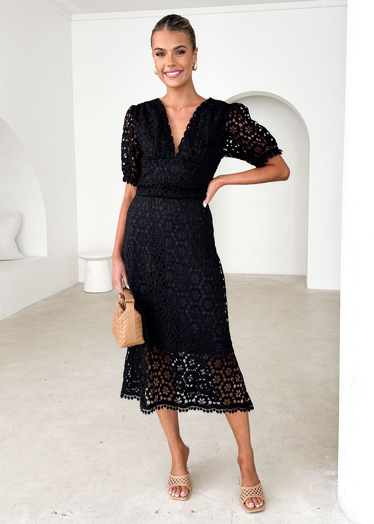 V-neck Sexy Waist Solid Color Lace Hollow Maxi Dress