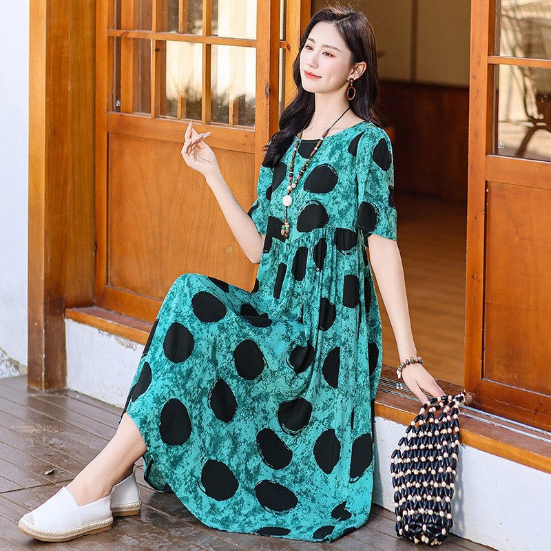 Cotton Silk Fashion Floral Loose Plus Size Outer Wear Dress