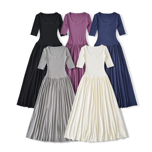 Ballet Style Slim U Collar Pleated Dress