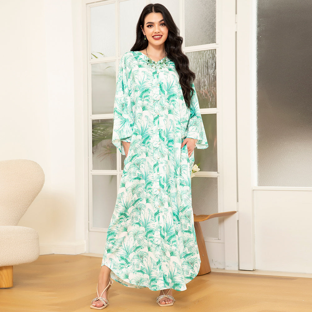 Holiday Style V-neck Plant Buttons Pocket Bat Sleeve Long Dresses