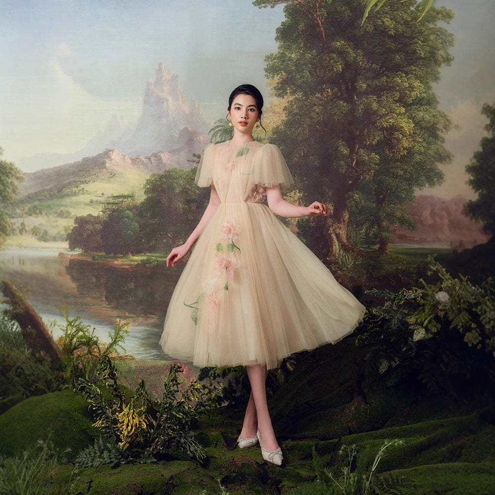 Designer Heavy Industry Net Yarn Hand-stitched Flower Fairy Dress