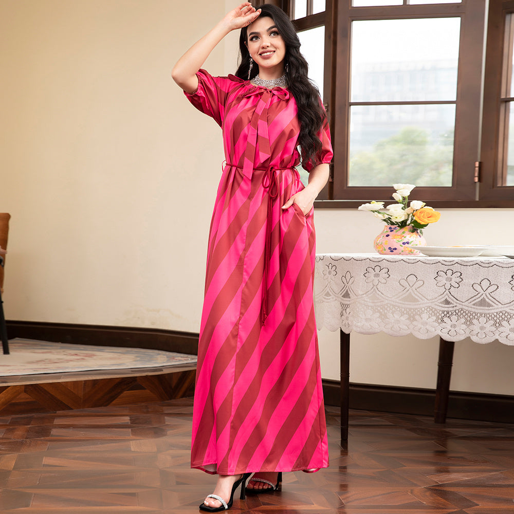 Elegant Style Ruffle Collar Stripe Color Contrast Pocket Bandage Puff Sleeve Long Dresses