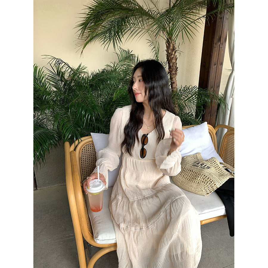 Yellow Silk Button Trim Collar Bell Sleeve Multi-layer Stitching Dress