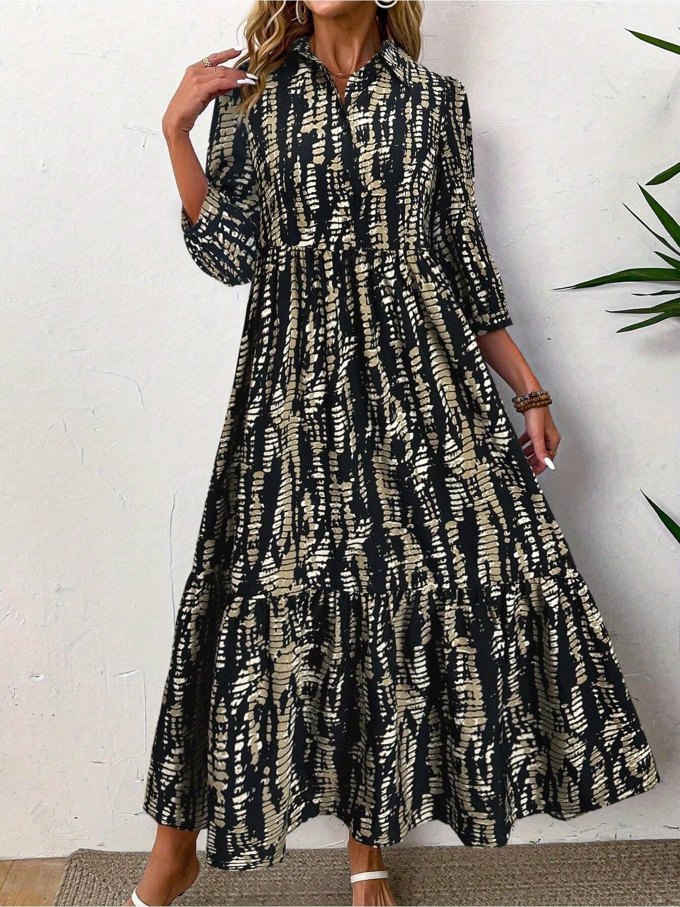 Women's Random Tie-Dye Print Spring And Summer Three-Quarter Sleeve Casual Shirtdress