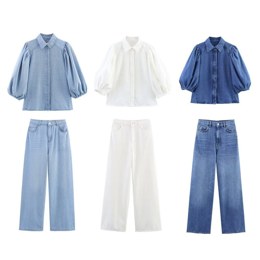 Women's Puff Sleeves Denim Shirt Jeans Suit