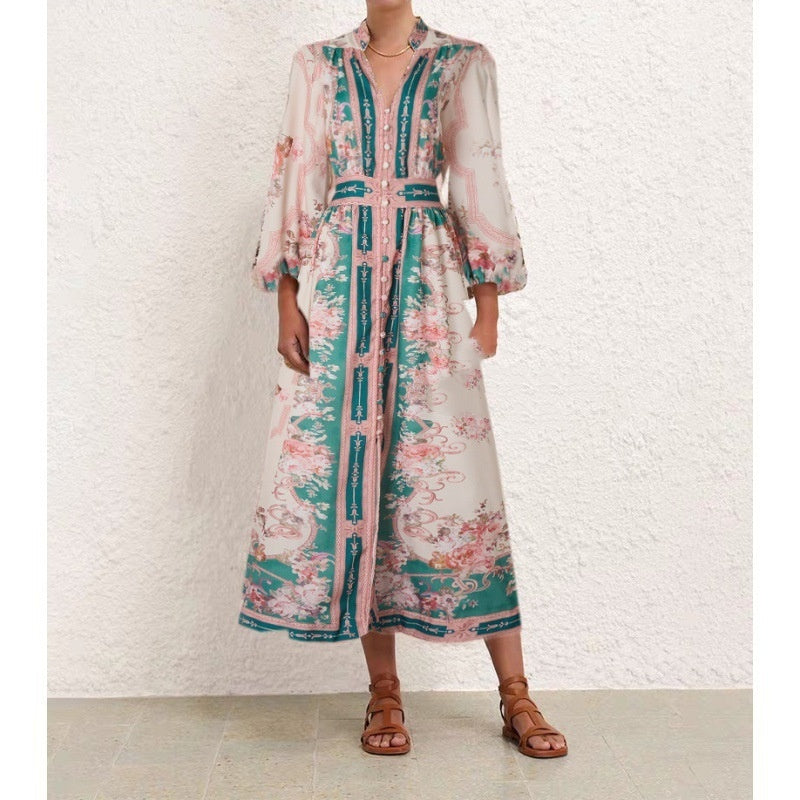 Stand Collar Positioning Printed Lantern Sleeve Dress