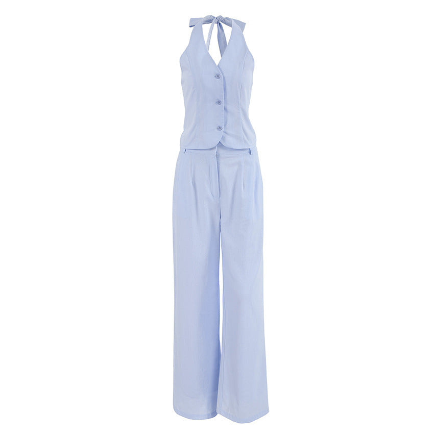 Blue Cotton Linen Sleeveless Waistcoat Vest Trousers Suit