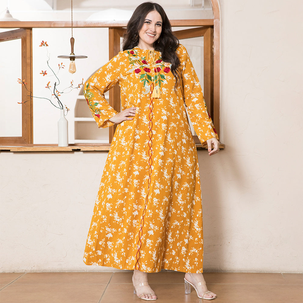 Sweet Round Neck Flowers Plant Embroidery Bandage Regular Sleeve Plus Size Dresses