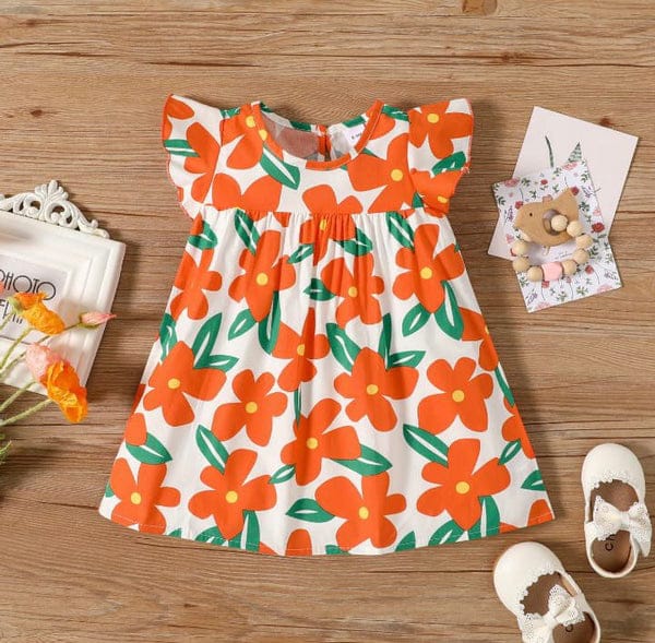 ORANGE & GREEN COLORFULL FLORAL FROCK