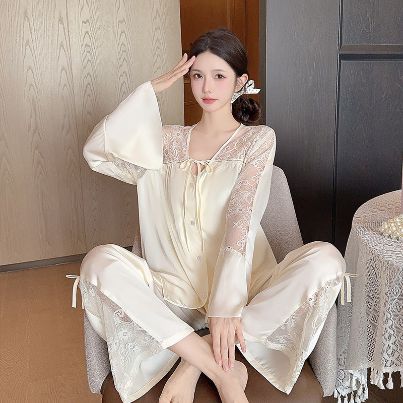 Women's Long-sleeved Ice Silk Pajamas Lace Suit