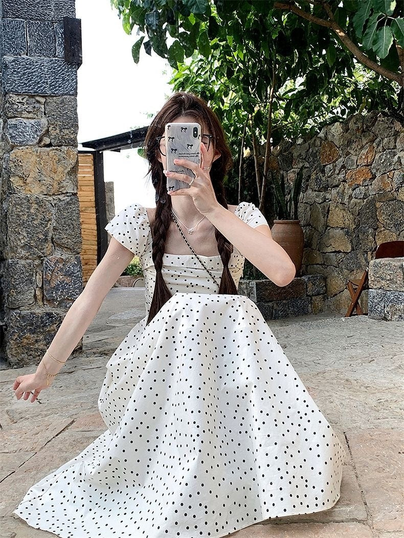 French Square Collar Polka Dot Flying Sleeve Dress