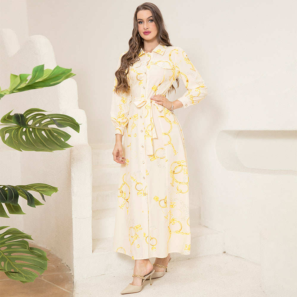 Elegant Style Lapel Chain Pattern Printing Buttons Pocket Belt Shirt Sleeve Long Dresses
