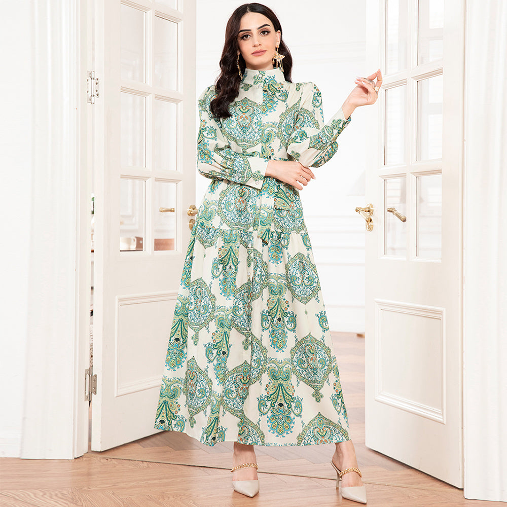 Elegant Style High Collar Flowers Belt Shirt Sleeve Long Dresses