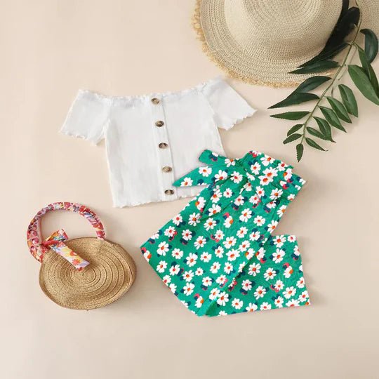 BABY GIRL WHITE TOP WITH GREEN FLORAL STYLE PANT - #121