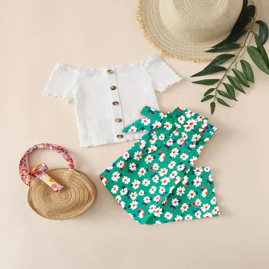 BABY GIRL WHITE TOP WITH GREEN FLORAL STYLE PANT - #121