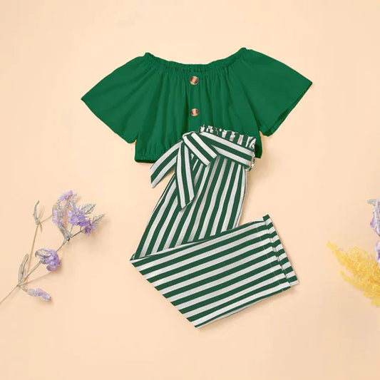 BABY GIRL GREEN RUFFLE SHOULDER TOP WITH GREEN AND WHITE LINING PANT - #131