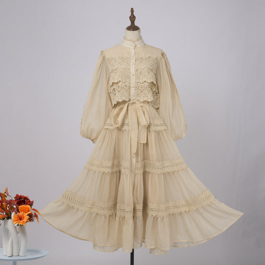 Vacation Style Half Sleeve Refined Handmade Lace Stitching Lantern Swing Dress