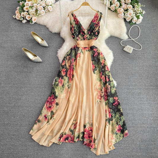 Elegant Women's Dress Long Skirt Waist Slim Print Dress