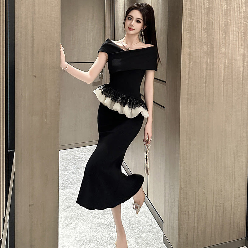 Off-shoulder Collar Design Ruffled Slimming Sheath Dress