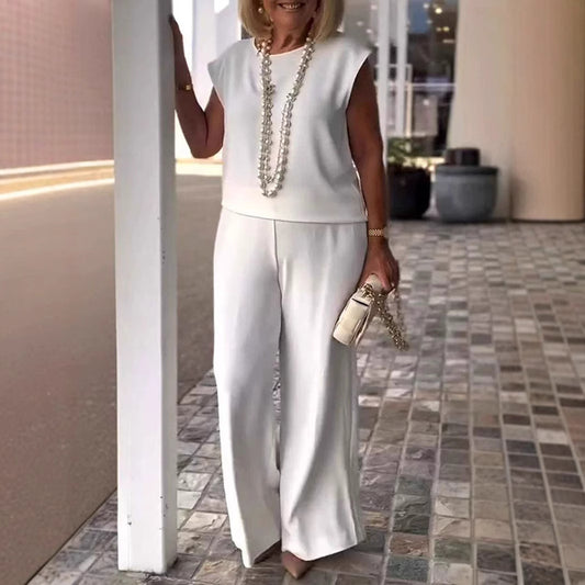 Women's Solid Color Round Neck Sleeveless Top And Trousers Suit