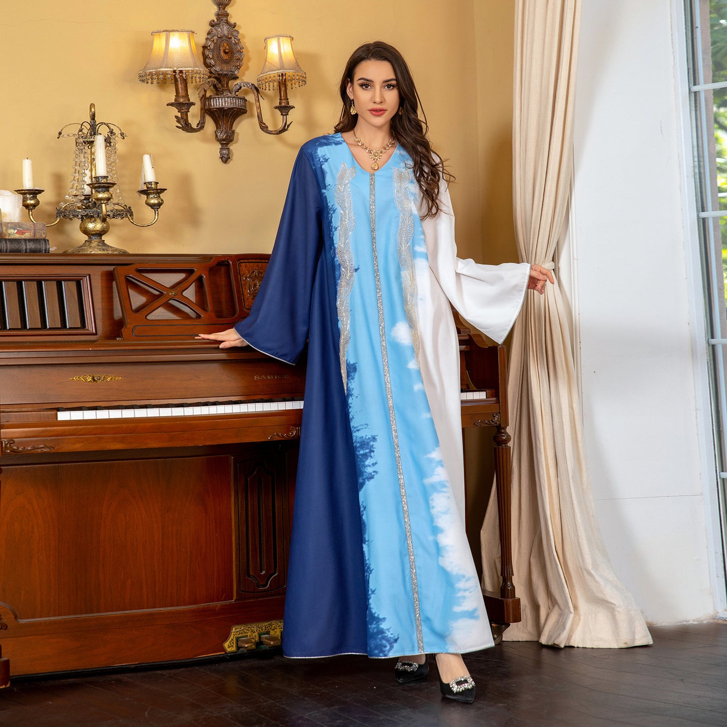 Pearl Embroidery Muslim Dress Tie-dye Rhinestone Robe
