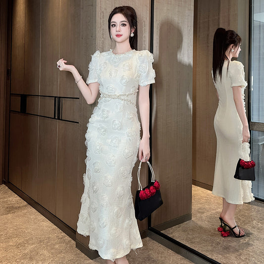 Socialite Style Elegant Pearl Round Neck Waist Trimming Three-dimensional Flower Sheath Dress