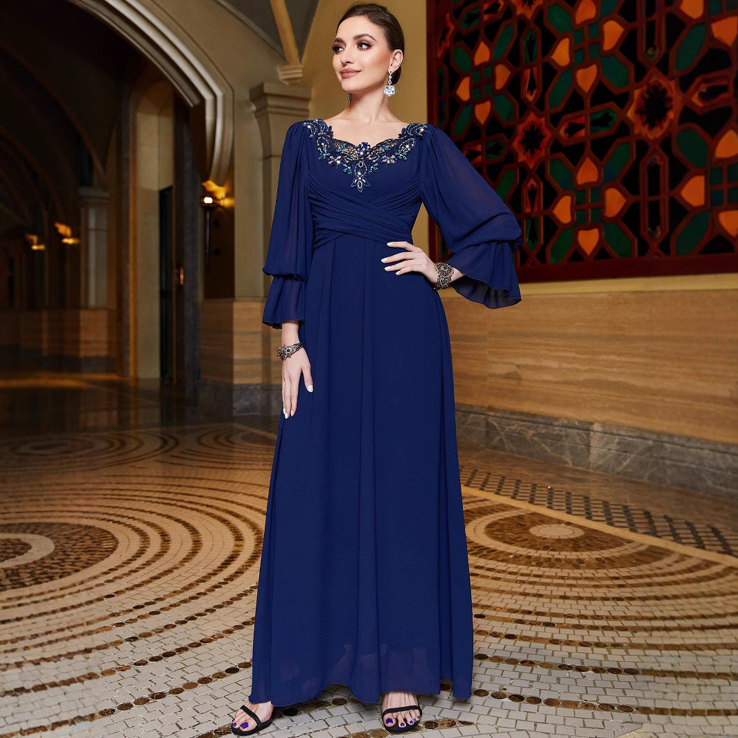BA3122 Navy Blue Chiffon Patchwork Lace Lace Collar Evening Dress