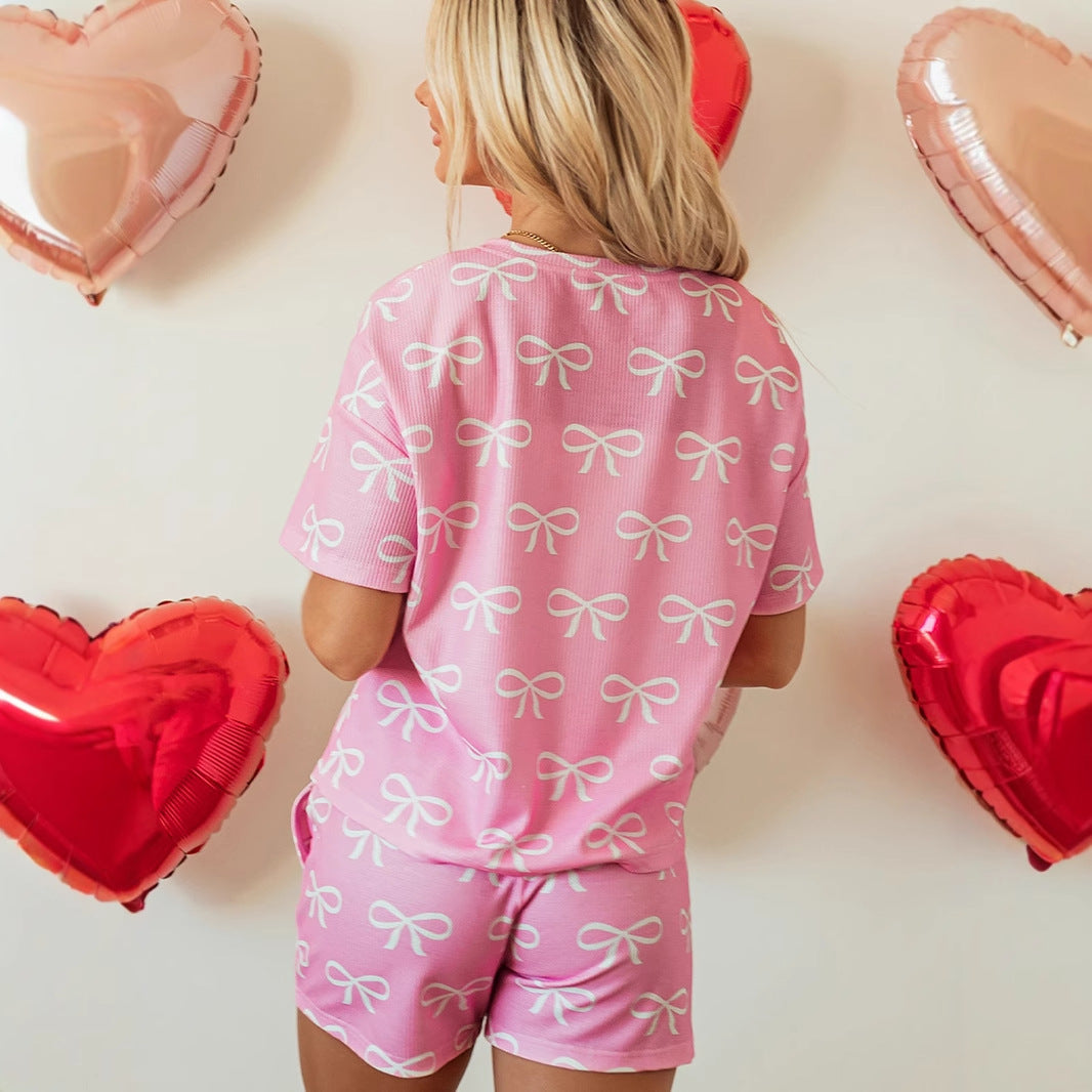 Bowknot Printed Pajamas Two-piece Women's Casual Shorts