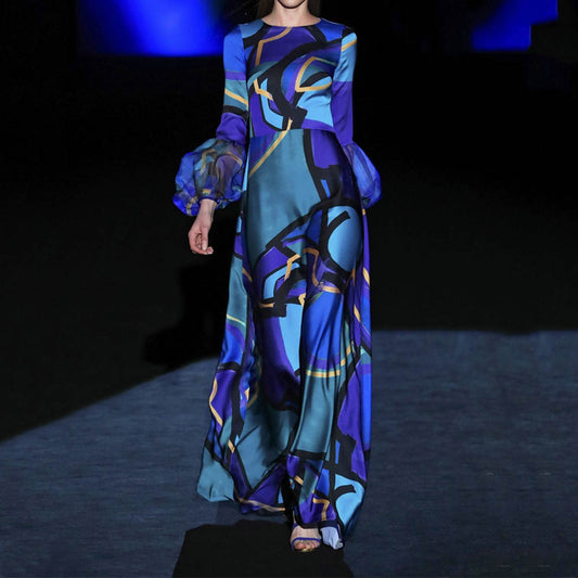 European And American New Blue Color Mid-waist Temperament Commute Printing Dress